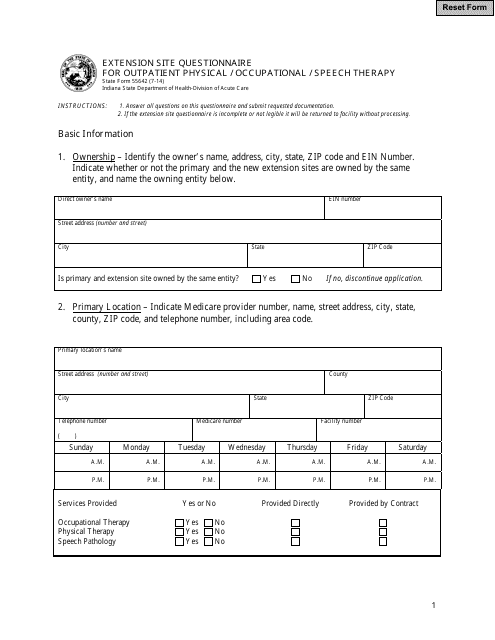 State Form 55642 Extension Site Questionnaire for Outpatient Physical/Occupational/Speech Therapy - Indiana