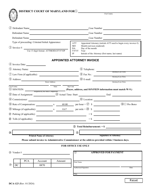 Form DCA-123 Appointed Attorney Invoice - Maryland