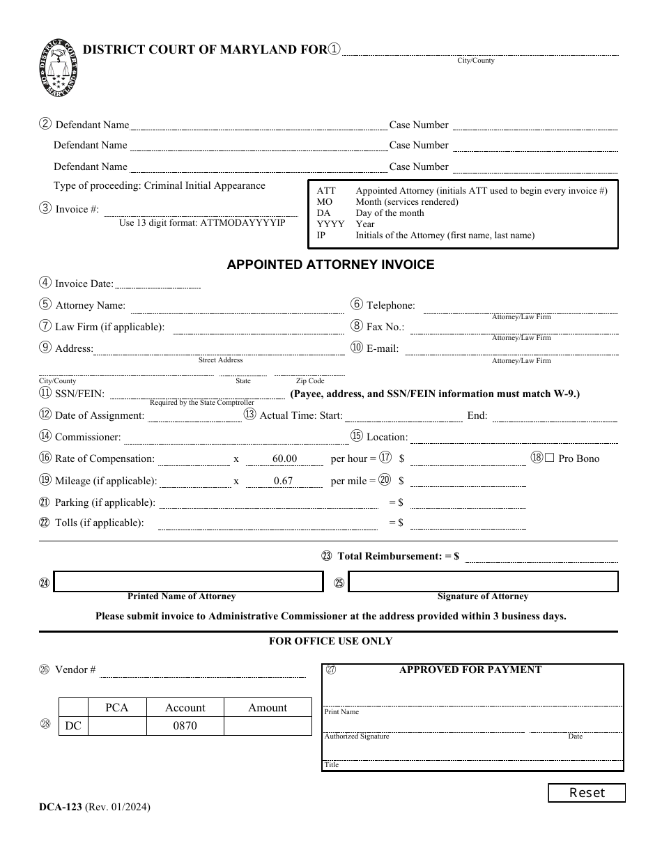 Form DCA-123 Appointed Attorney Invoice - Maryland, Page 1