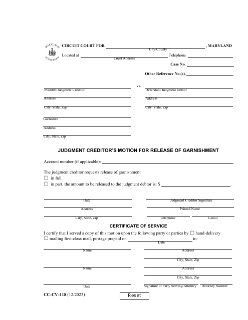 Form CC-CV-118 Judgment Creditor's Motion for Release of Garnishment - Maryland