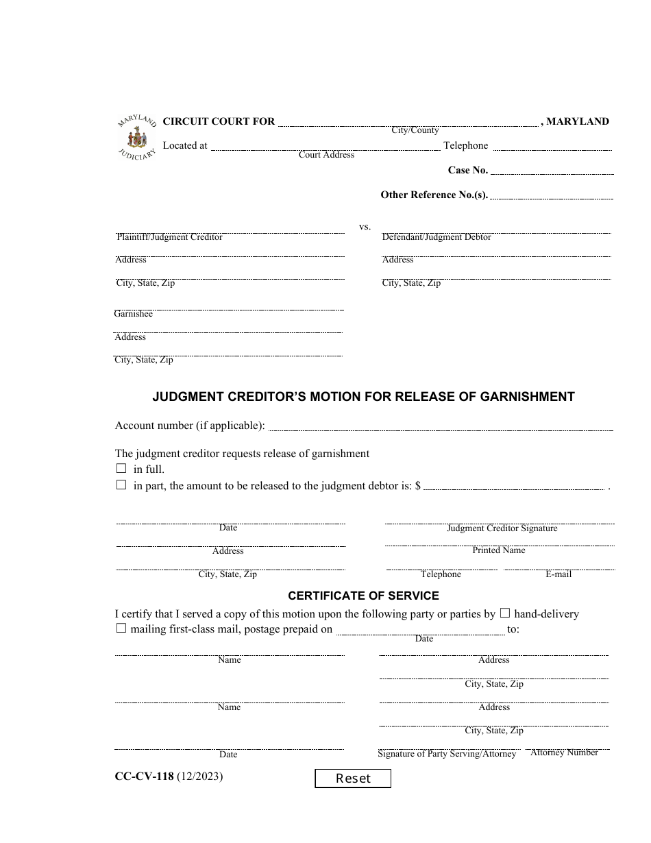Form CC-CV-118 Judgment Creditors Motion for Release of Garnishment - Maryland, Page 1