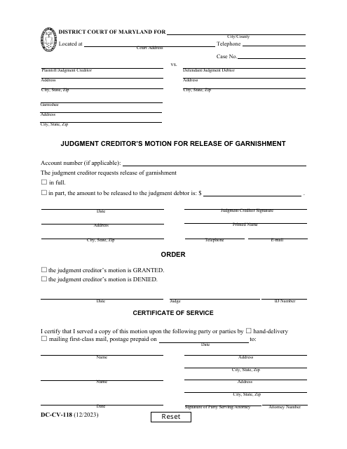 Form DC-CV-118 Judgment Creditor's Motion for Release of Garnishment - Maryland