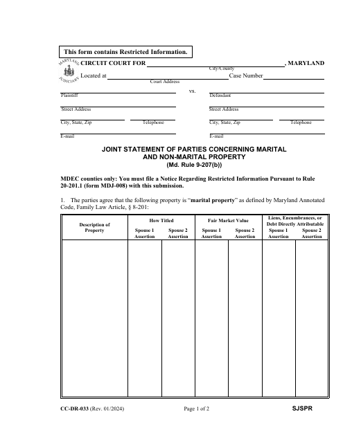 Form CC-DR-033 Joint Statement of Parties Concerning Marital and Non-marital Property - Maryland