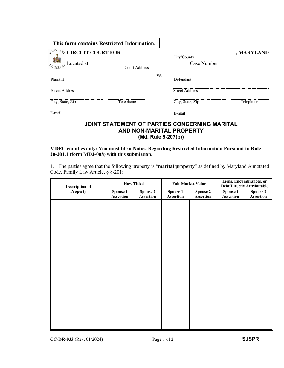 Form CC-DR-033 Joint Statement of Parties Concerning Marital and Non-marital Property - Maryland, Page 1
