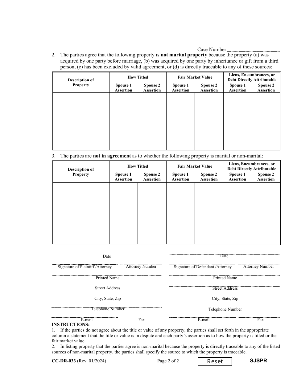 Form CC-DR-033 Joint Statement of Parties Concerning Marital and Non-marital Property - Maryland, Page 2