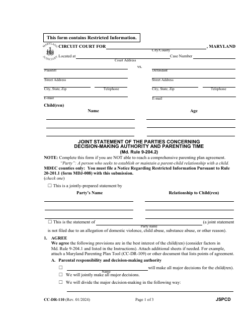 Form CC-DR-110  Printable Pdf
