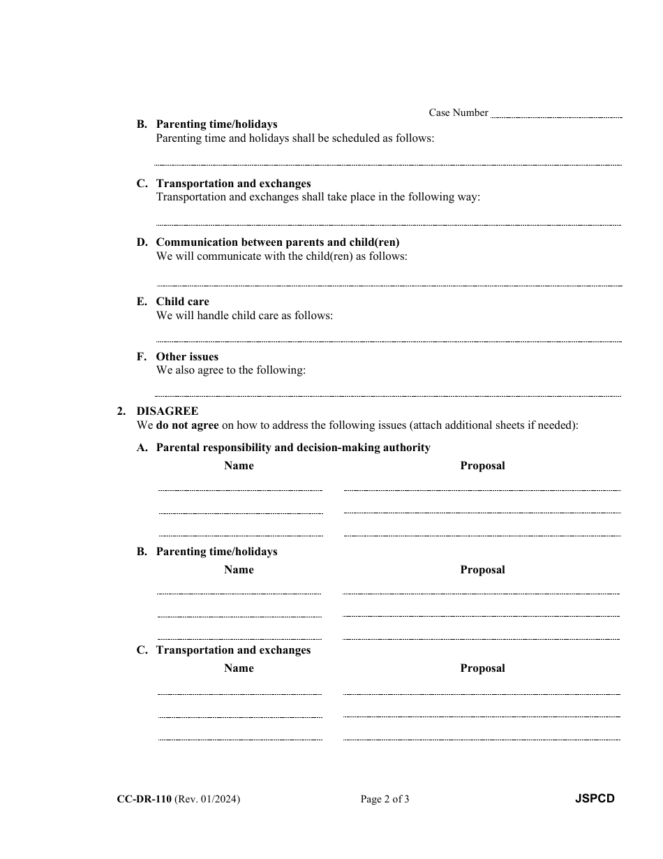Form CC-DR-110 Joint Statement of the Parties Concerning Decision-Making Authority and Parenting Time - Maryland, Page 2