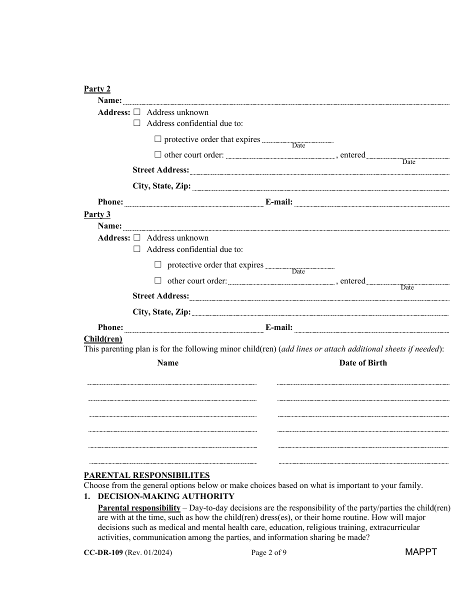 Form CC-DR-109 Maryland Parenting Plan Tool - Maryland, Page 2
