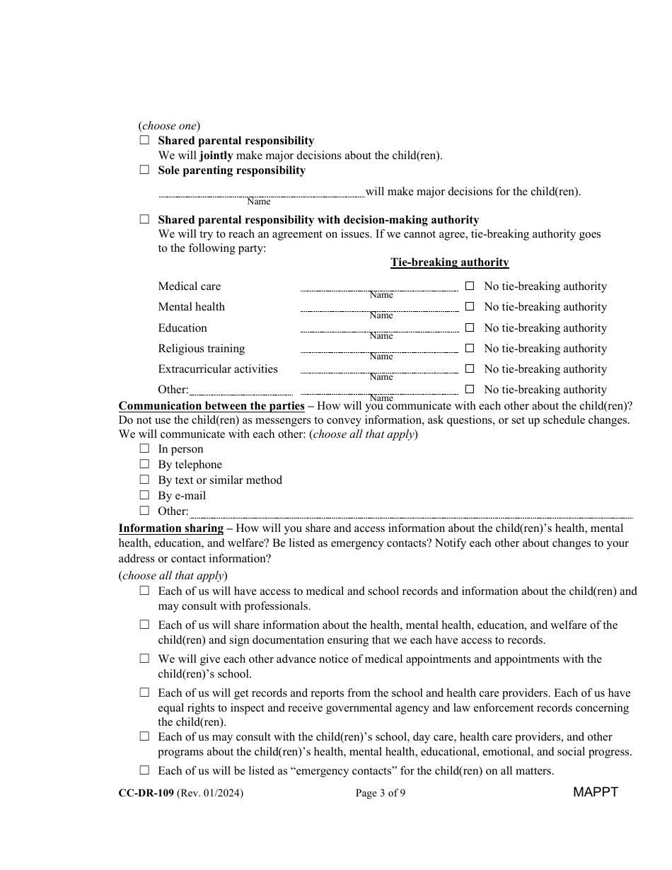 Form CC-DR-109 Maryland Parenting Plan Tool - Maryland, Page 3