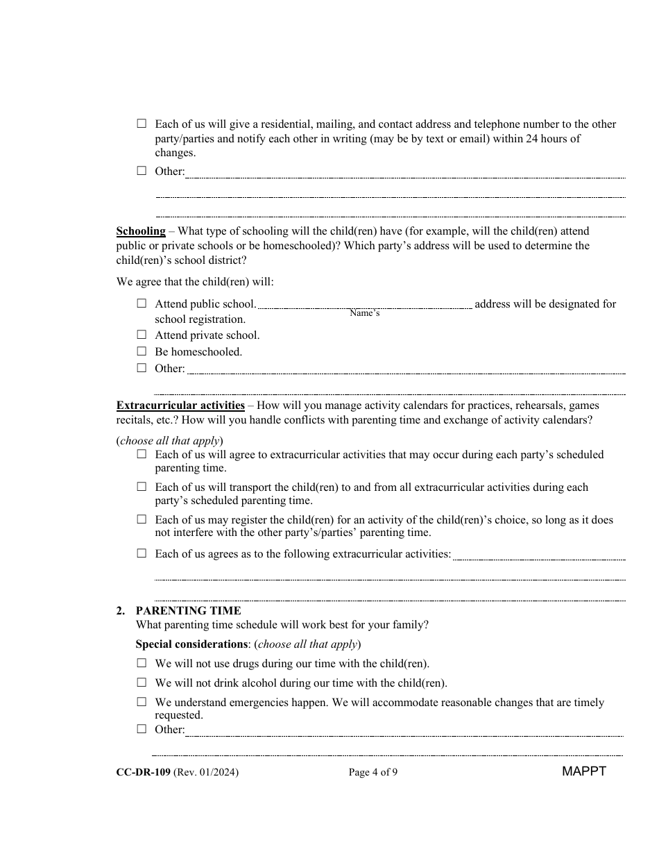 Form CC-DR-109 Maryland Parenting Plan Tool - Maryland, Page 4