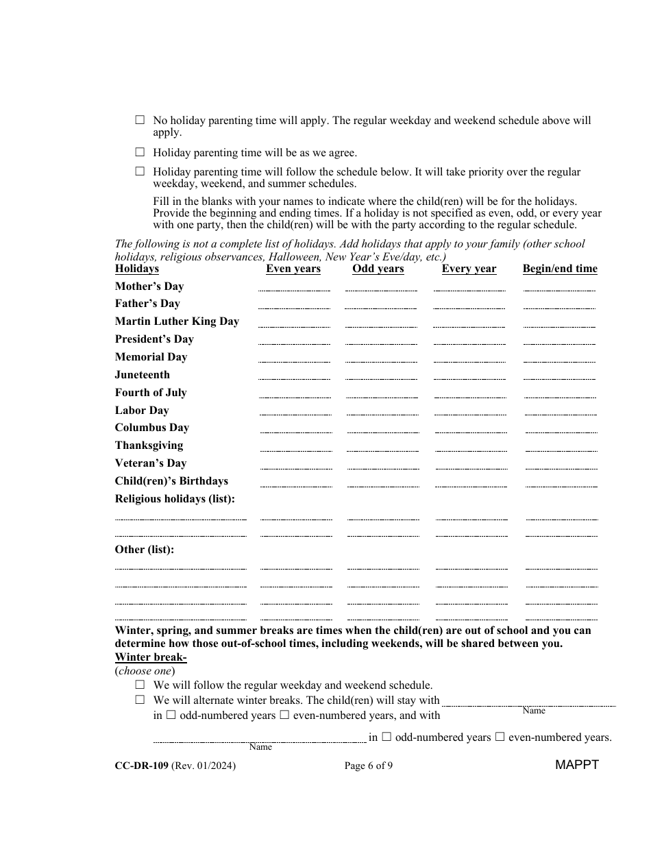 Form CC-DR-109 Maryland Parenting Plan Tool - Maryland, Page 6