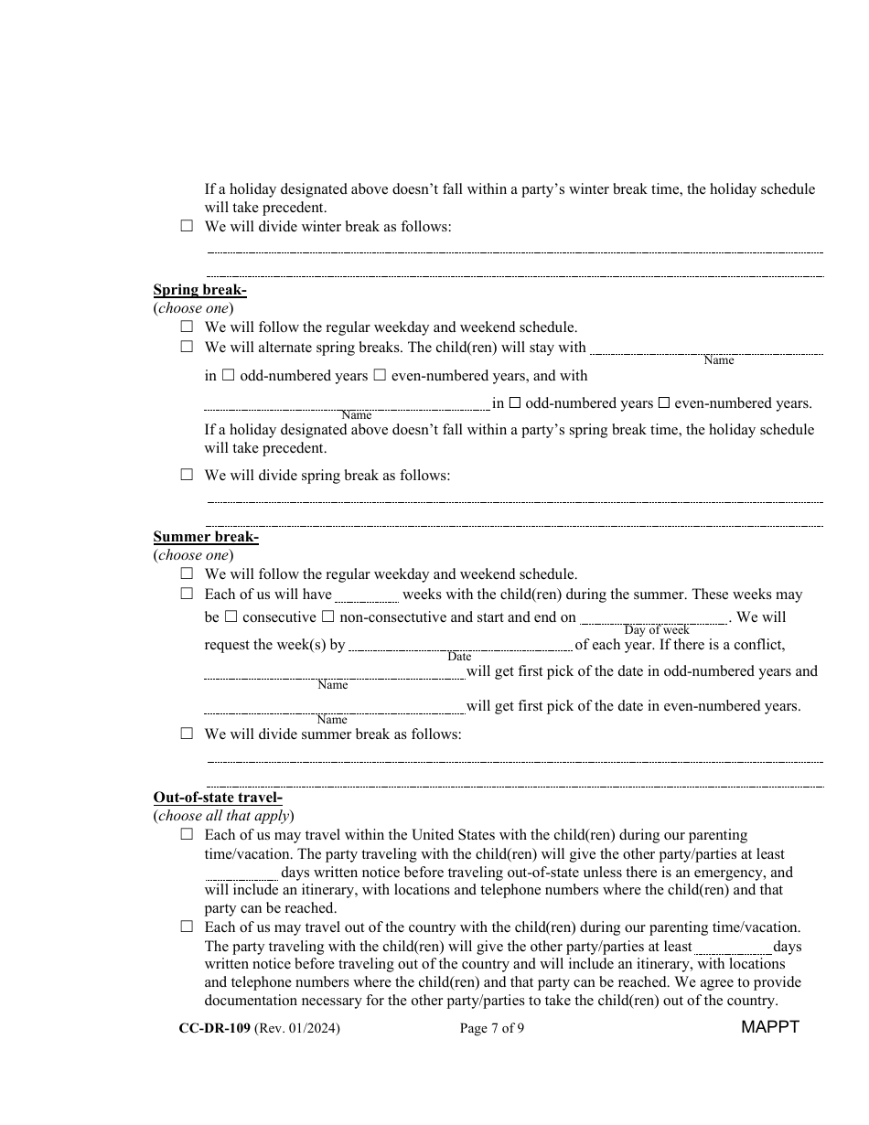 Form CC-DR-109 Maryland Parenting Plan Tool - Maryland, Page 7