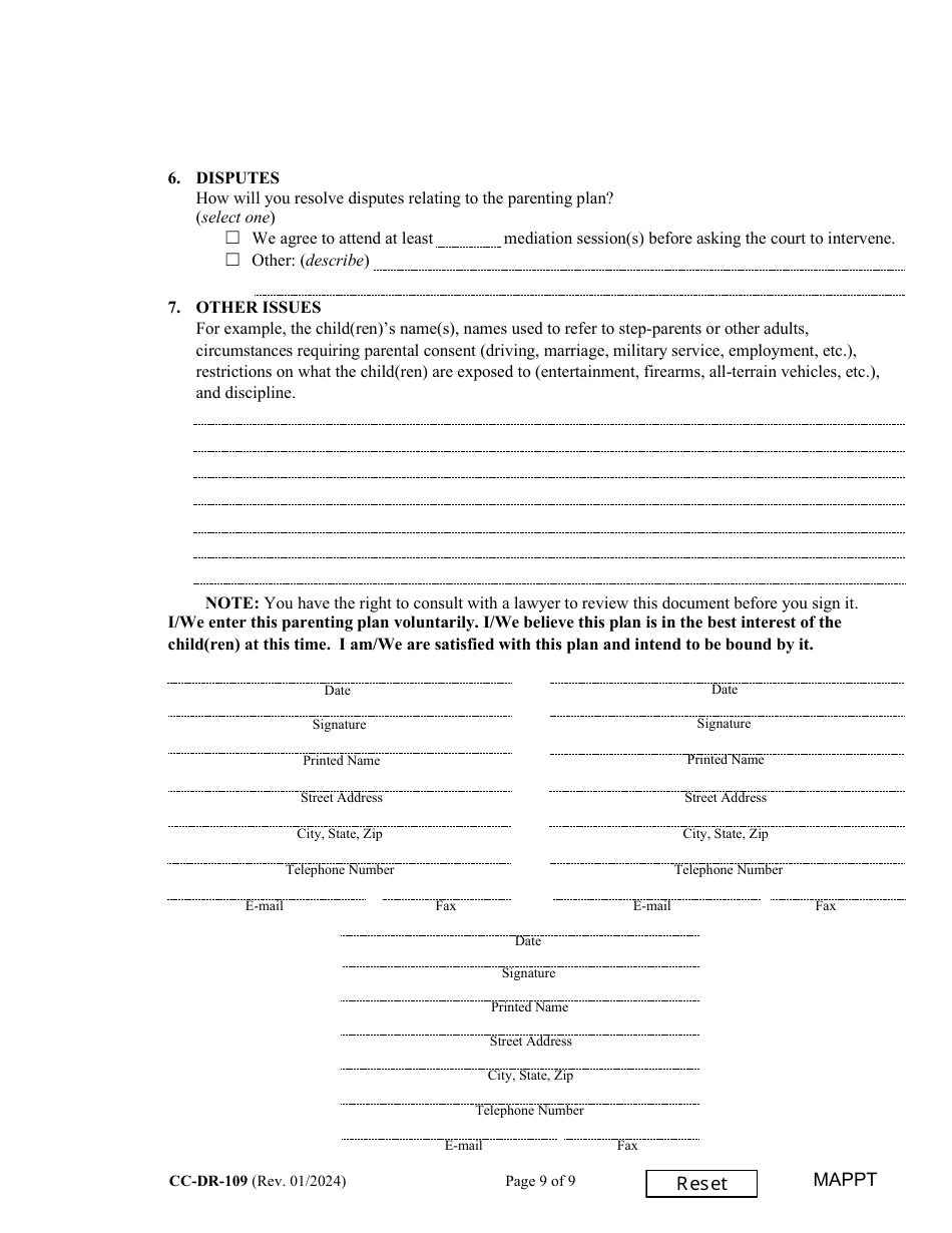 Form CC-DR-109 Maryland Parenting Plan Tool - Maryland, Page 9