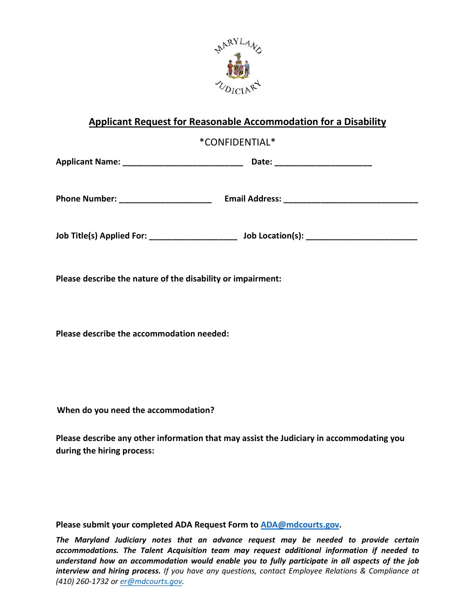 Applicant Request for Reasonable Accommodation for a Disability - Maryland, Page 1