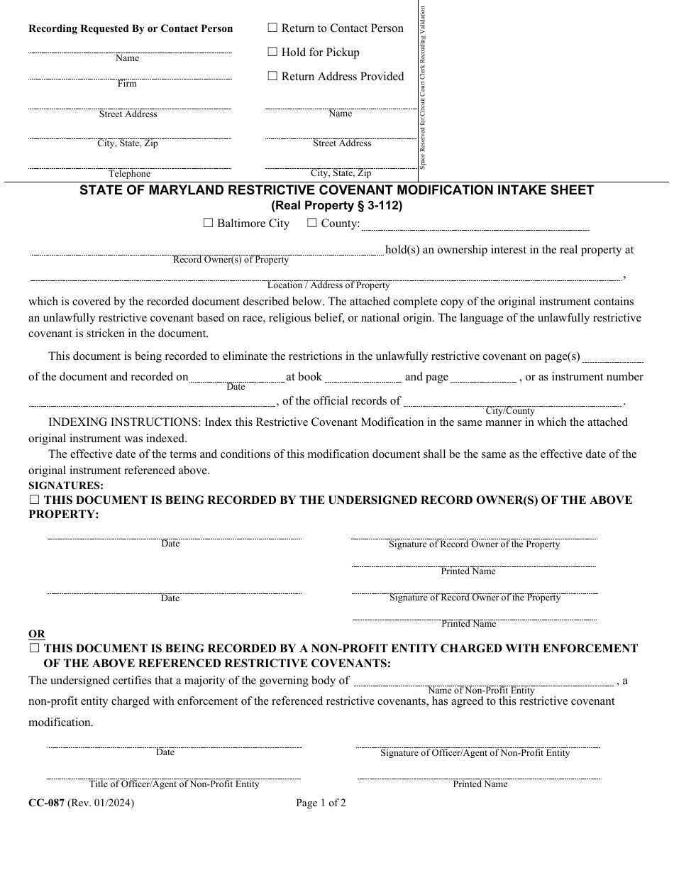 Form CC-087 State of Maryland Restrictive Covenant Modification Intake Sheet - Maryland, Page 1