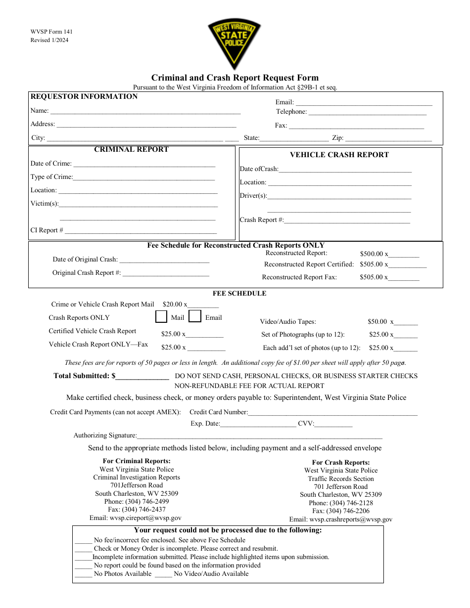 WVSP Form 141 Criminal and Crash Report Request Form - West Virginia, Page 1
