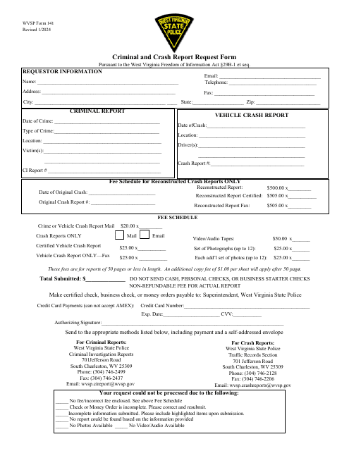 WVSP Form 141 Criminal and Crash Report Request Form - West Virginia