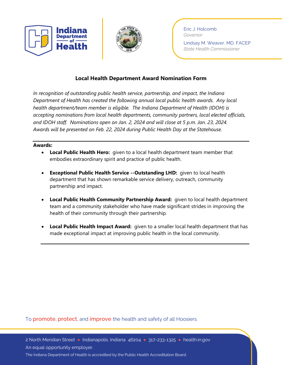 Local Health Department Award Nomination Form - Indiana, Page 1
