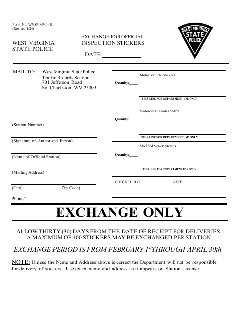 Form WVSP-MVI-4E Exchange for Official Inspection Stickers - West Virginia