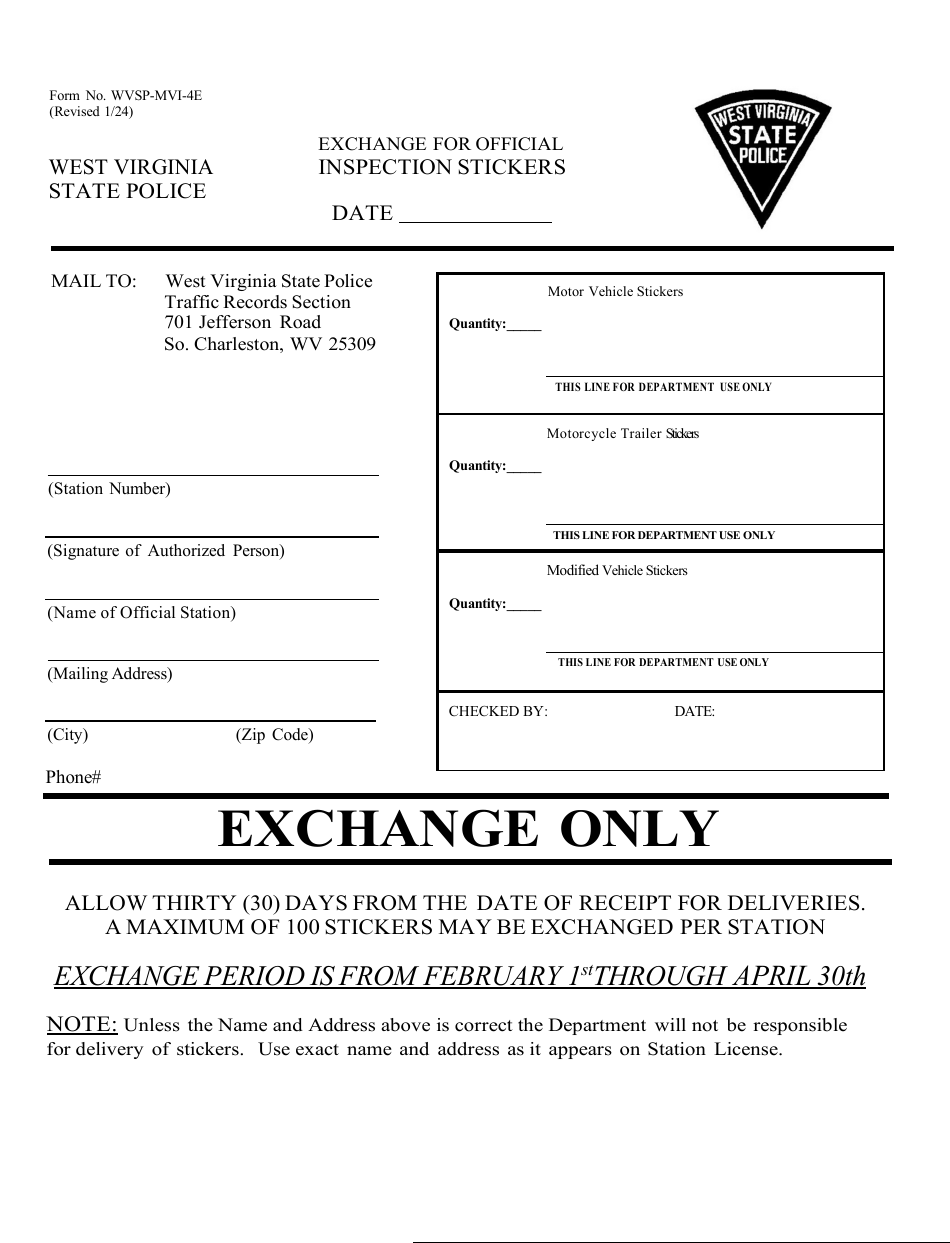 Form WVSP-MVI-4E Exchange for Official Inspection Stickers - West Virginia, Page 1