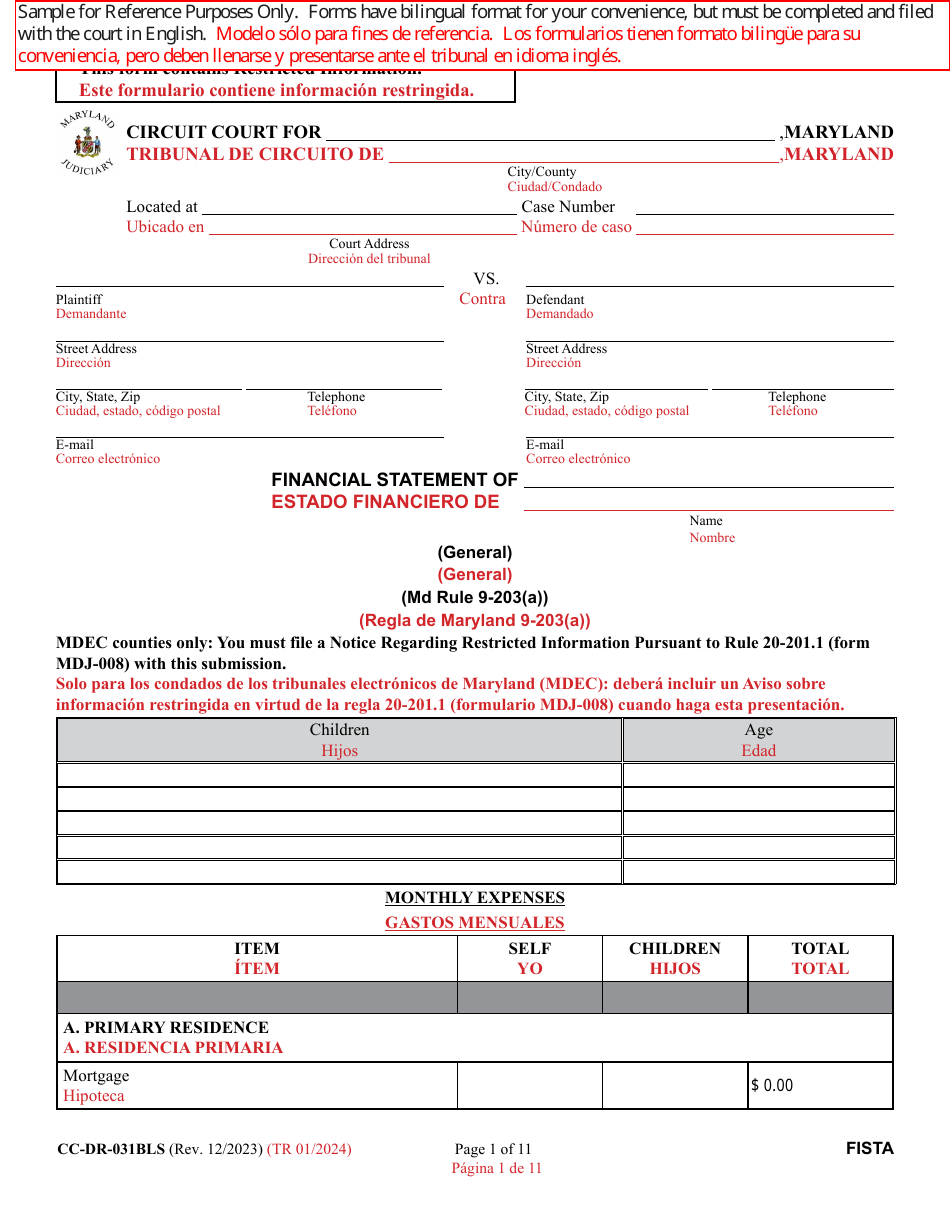 Form CC-DR-031BLS Financial Statement - Maryland (English / Spanish), Page 1