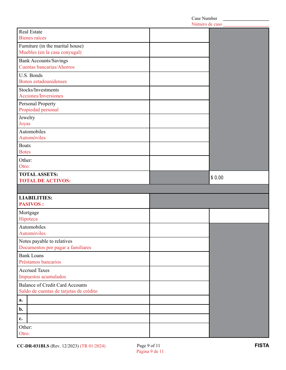 Form CC-DR-031BLS Financial Statement - Maryland (English / Spanish), Page 9