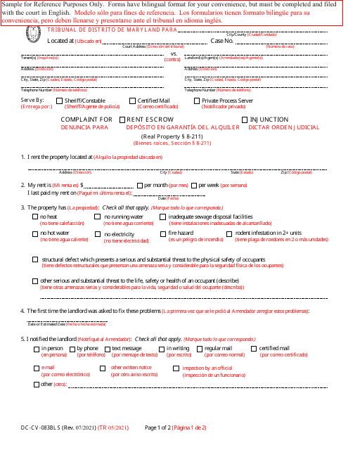 Form DC-CV-083BLS Complaint for Rent Escrow/Injunction - Maryland (English/Spanish)