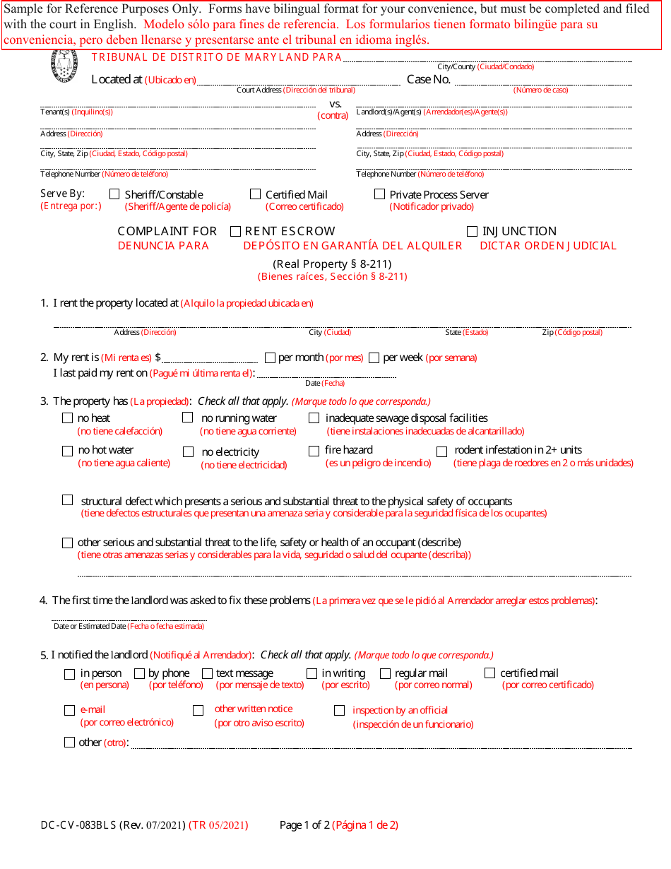 Form DC-CV-083BLS Complaint for Rent Escrow / Injunction - Maryland (English / Spanish), Page 1