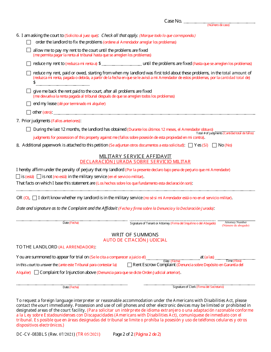 Form DC-CV-083BLS Complaint for Rent Escrow / Injunction - Maryland (English / Spanish), Page 2