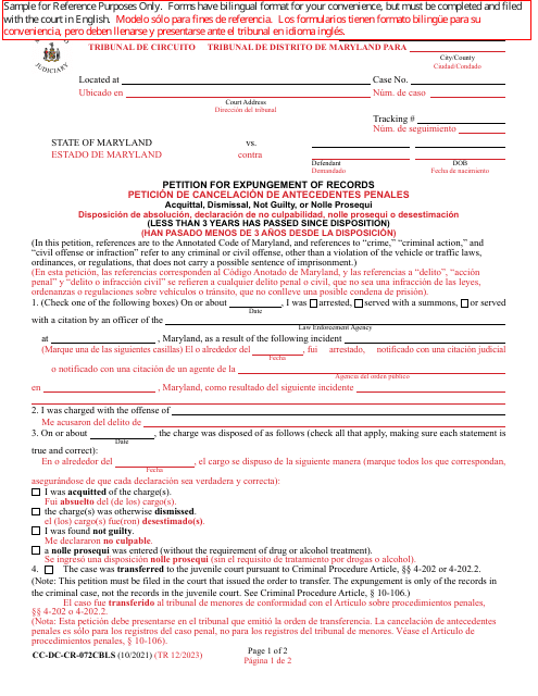 Form CC-DC-CR-072CBLS Petition for Expungement of Records - Maryland (English/Spanish)