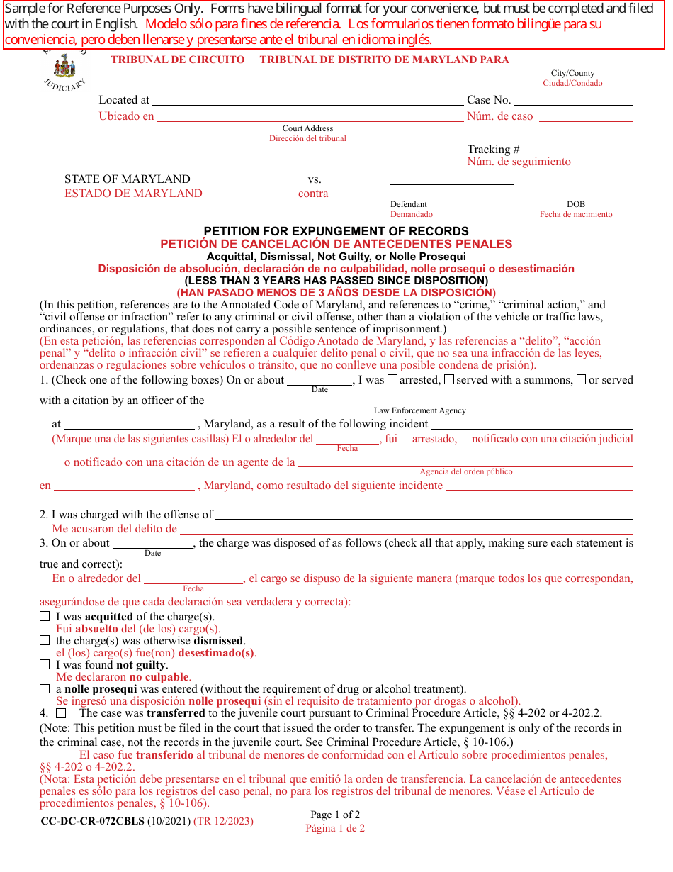 Form CC-DC-CR-072CBLS Petition for Expungement of Records - Maryland (English / Spanish), Page 1