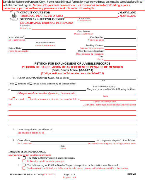 Form JUV-11-506.1BLS Petition for Expungement of Juvenile Records - Maryland (English/Spanish)