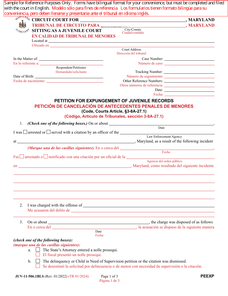 Form JUV-11-506.1BLS Petition for Expungement of Juvenile Records - Maryland (English / Spanish), Page 1