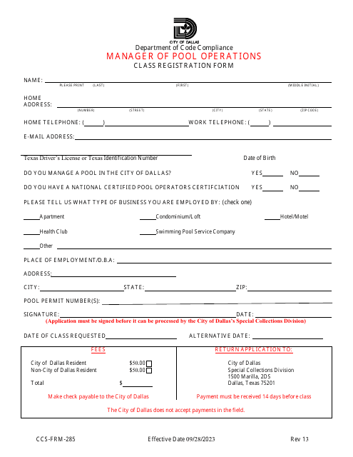 Form CCS-FRM-285 Manager of Pool Operations Class Registration Form - City of Dallas, Texas