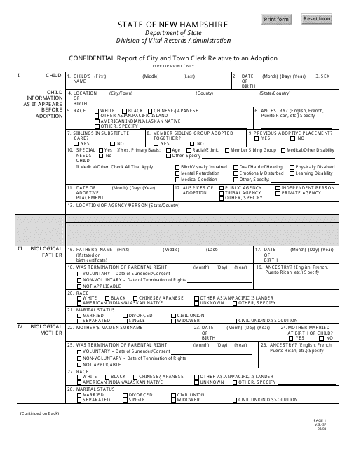 Form V.S.-37 Confidential Report of City and Town Clerk Relative to an Adoption - New Hampshire