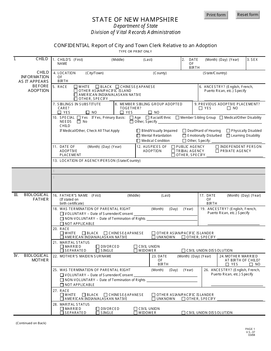 Form V.S.-37 Confidential Report of City and Town Clerk Relative to an Adoption - New Hampshire, Page 1