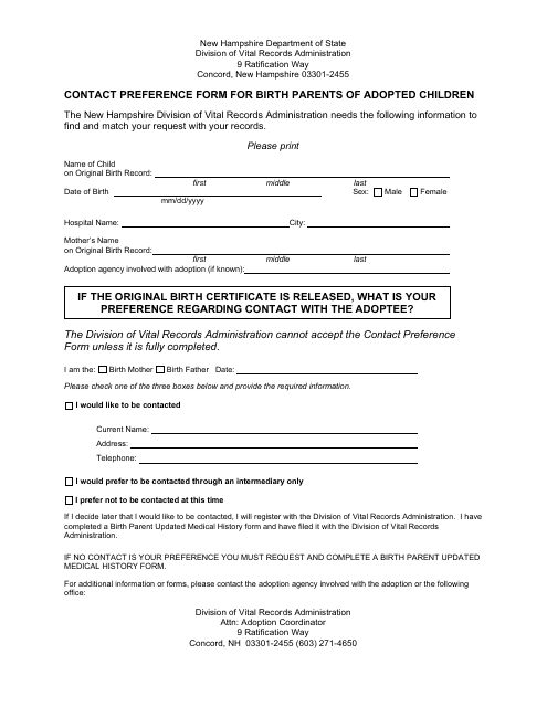 Contact Preference Form for Birth Parents of Adopted Children - New Hampshire