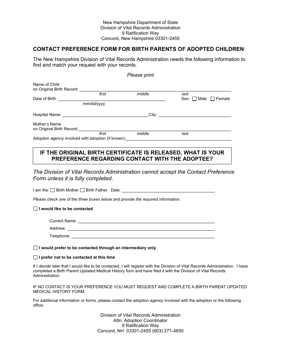 Contact Preference Form for Birth Parents of Adopted Children - New Hampshire, Page 1