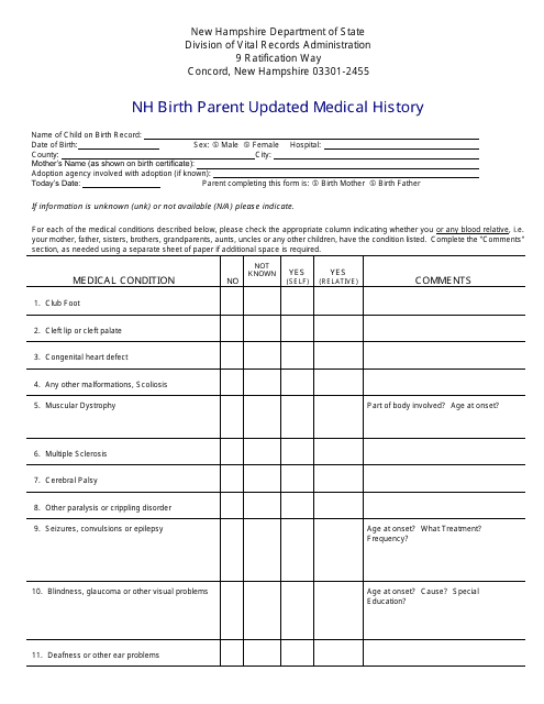 Nh Birth Parent Updated Medical History - New Hampshire Download Pdf