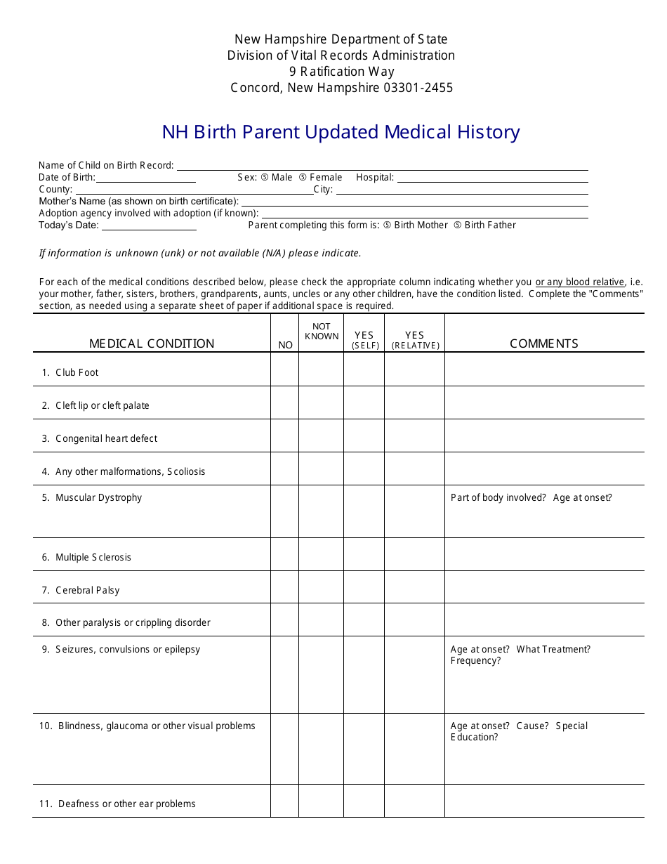 Nh Birth Parent Updated Medical History - New Hampshire, Page 1