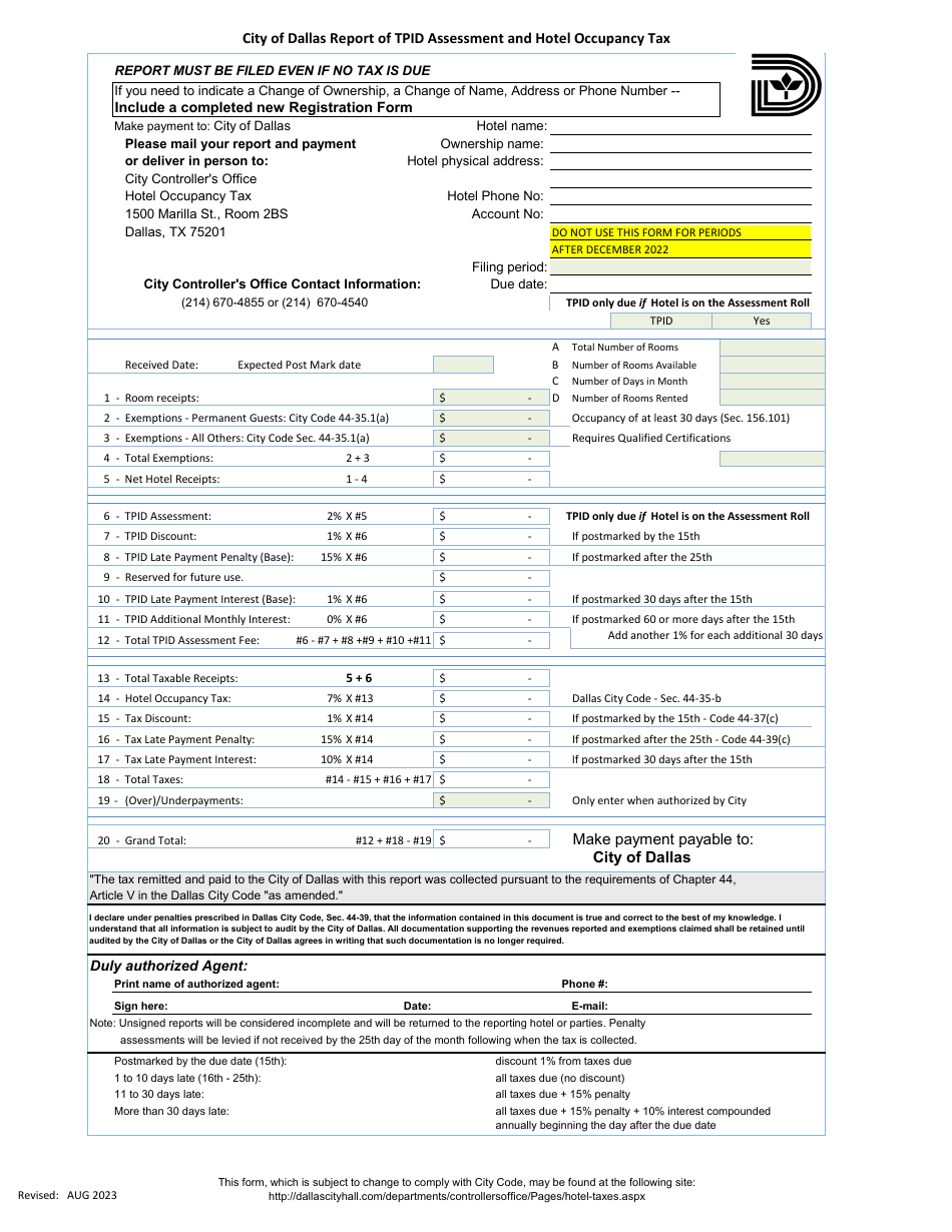 Tpid Assessment and Hotel Occupancy Tax Report Form for Tax Periods Prior to January 1, 2023 - 7% Hot - City of Dallas, Texas, Page 1