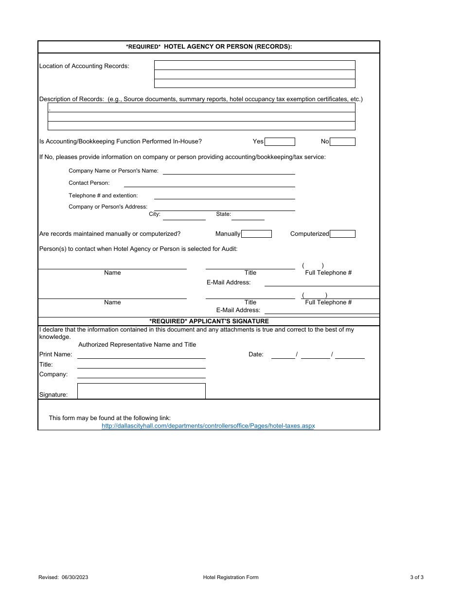 Hotel Occupancy Tax Registration Form - City of Dallas, Texas, Page 3