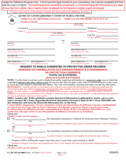 Form CC-DC-DV-021BBLF Request to Shield Consented-To Protective Order Records - Maryland (English/French)