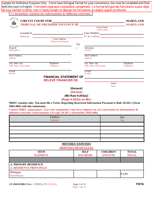 Form CC-DR-031BLF Financial Statement (General) - Maryland (English/French)