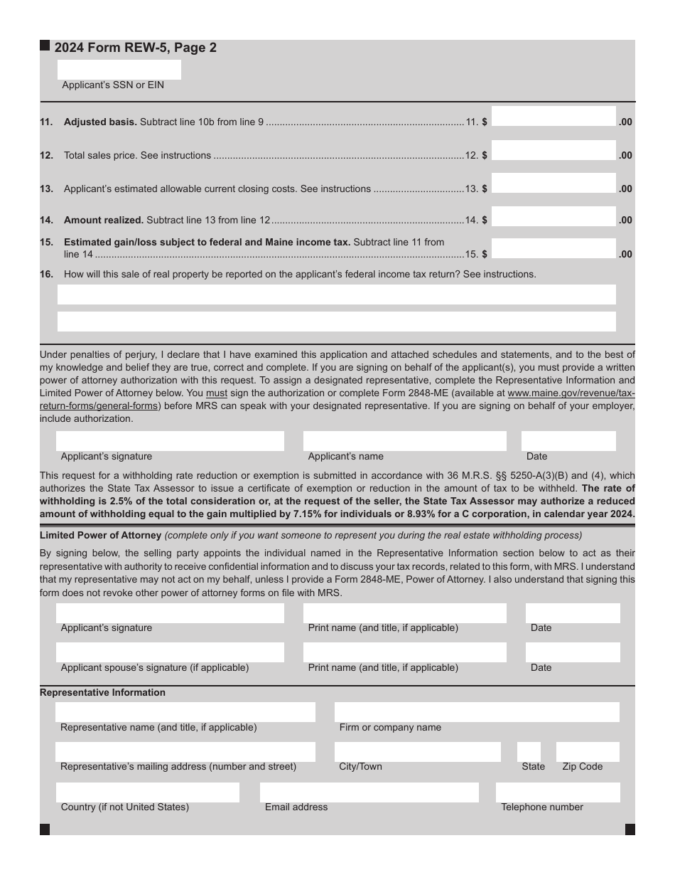 Form REW-5 Request for Exemption or Reduction in Withholding of Maine Income Tax on the Disposition of Maine Real Property - Maine, Page 2