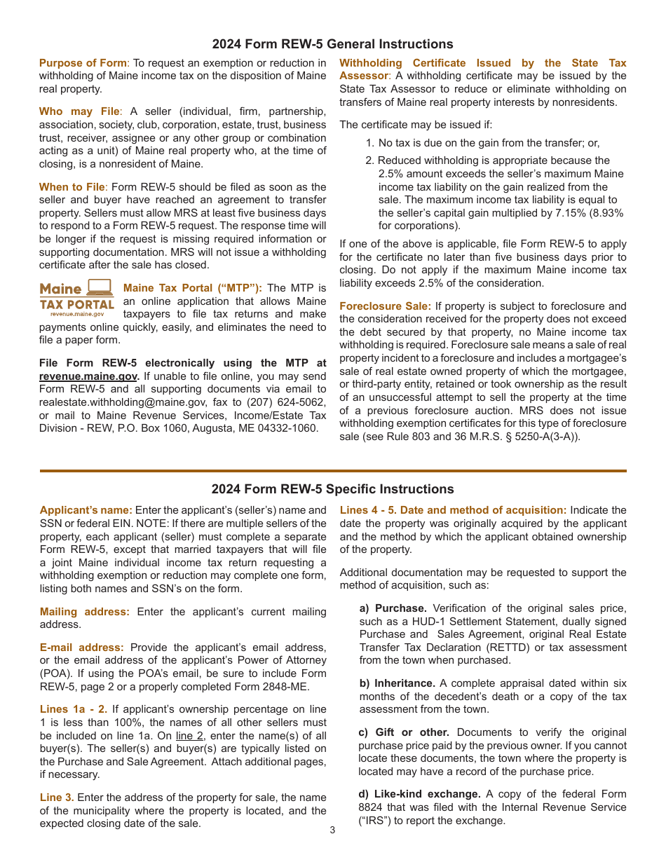 Form REW-5 Request for Exemption or Reduction in Withholding of Maine Income Tax on the Disposition of Maine Real Property - Maine, Page 3