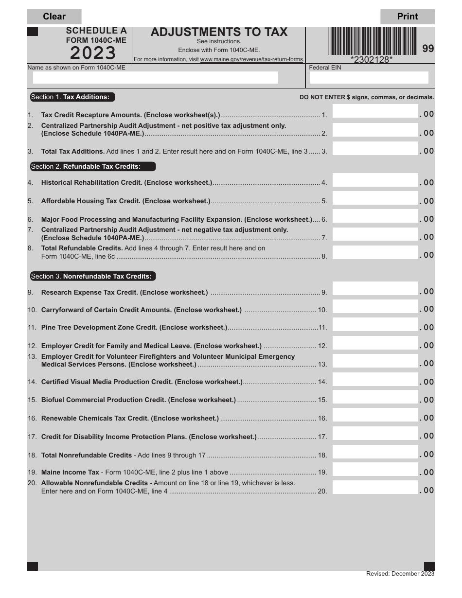 Form 1040C-ME Schedule A Adjustments to Tax - Maine, Page 1