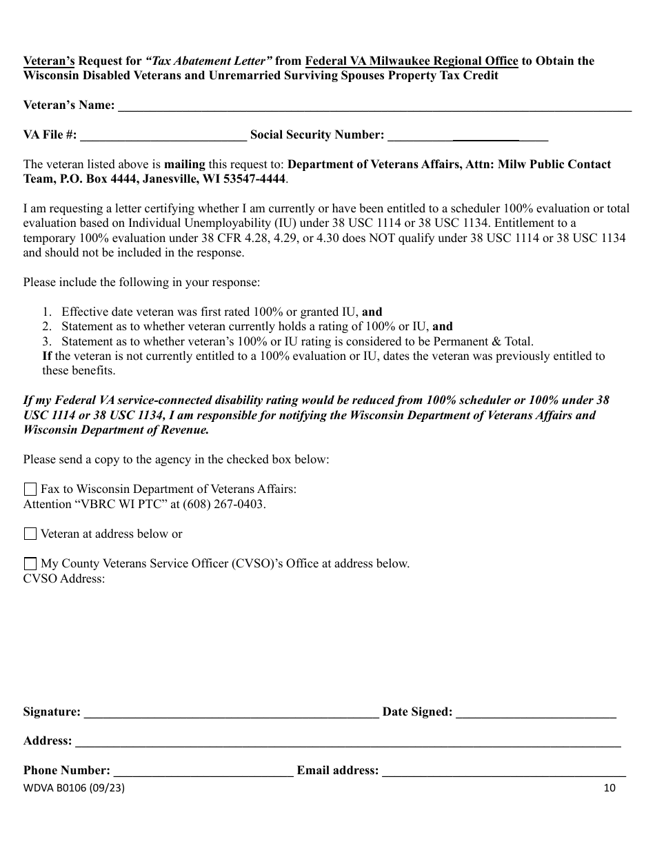 Form WDVA B0106 Wisconsin Disabled Veterans and Unremarried Surviving Spouses Property Tax Credit - Wisconsin, Page 10