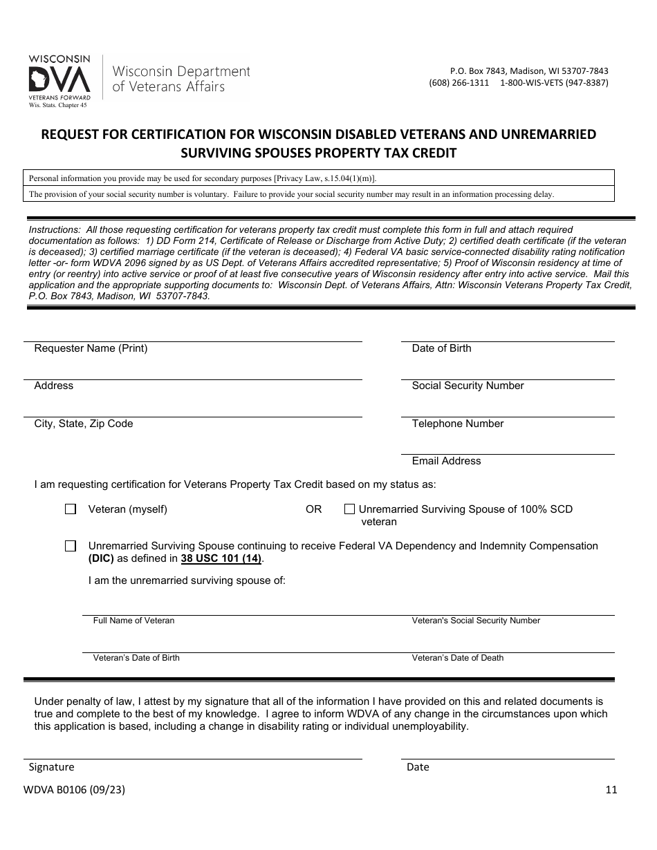Form WDVA B0106 Wisconsin Disabled Veterans and Unremarried Surviving Spouses Property Tax Credit - Wisconsin, Page 11
