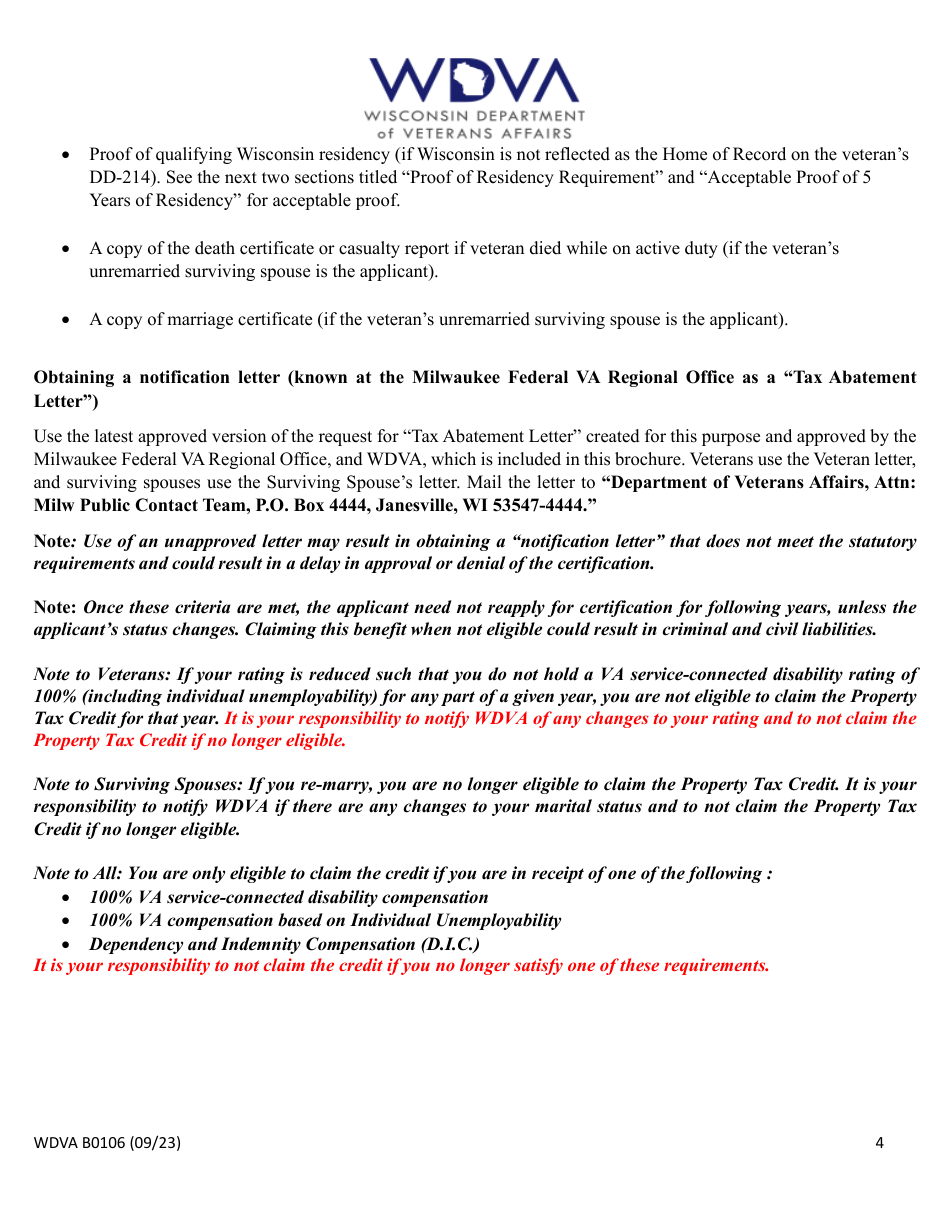 Form WDVA B0106 Wisconsin Disabled Veterans and Unremarried Surviving Spouses Property Tax Credit - Wisconsin, Page 4